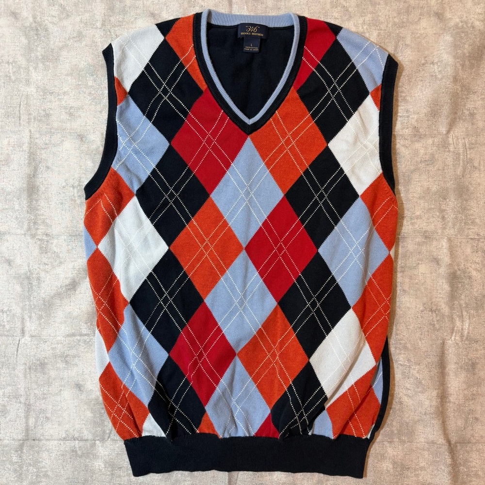Brooks Brothers Men's Large Argyle V-Neck Sweater Vest Multicolor Diamond Knit